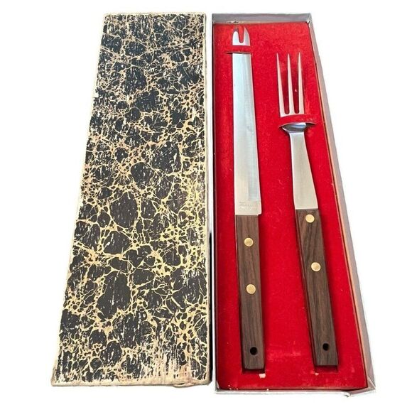 Vernco MCM Stainless Wood Handle Meat Carving Knife and Fork Set Boxed Vtg Japan - Picture 1 of 8